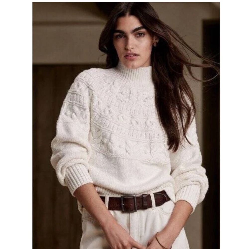 Banana Republic Couronne Chunky Cable Knit Yoke Sweater Snow Day Cream NWOT